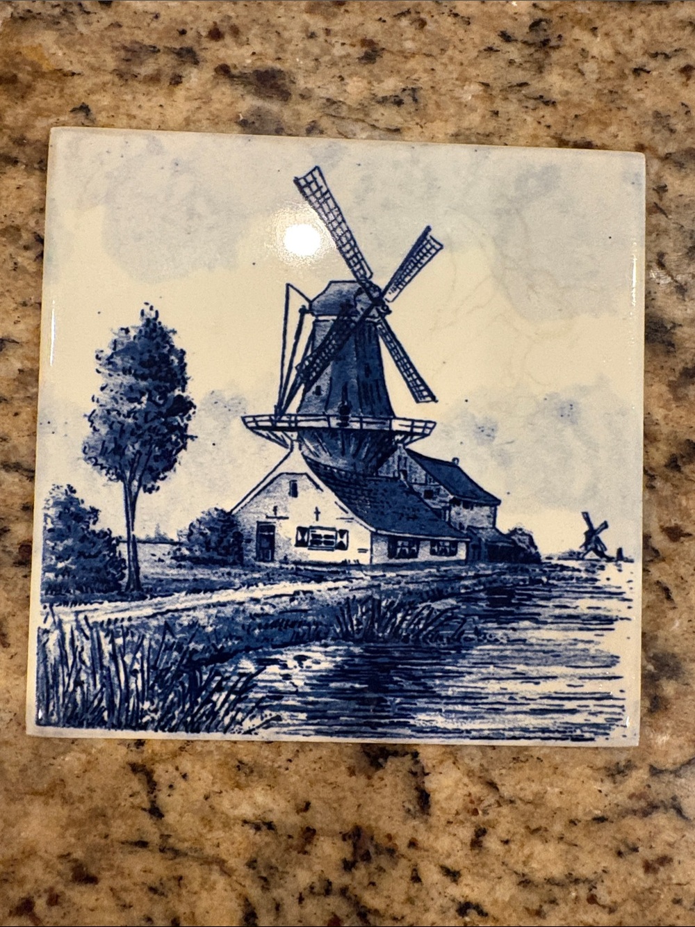 Blue and White Delft-Style Windmill Ceramic Tile
